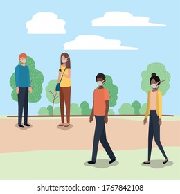 Social distancing between boys and girls with masks at park design of Covid 19 virus theme Vector illustration