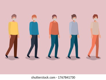 Social distancing between boys with masks design of Covid 19 virus theme Vector illustration