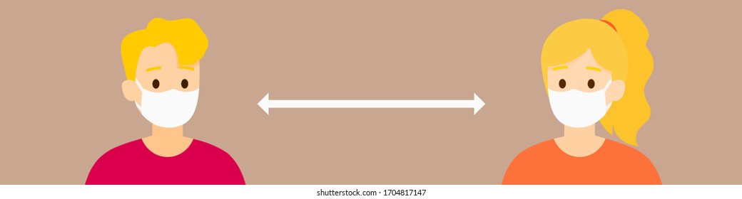 Social distancing between clever man and clever woman with mask protect them from COVID-19, vector, illustration