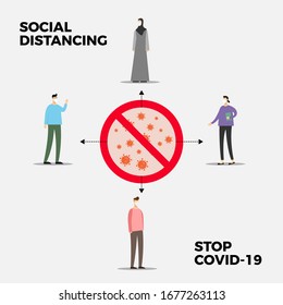 Distanciamiento social entre cuatro personas. La novela de Wuhan coronavirus o covid-19 acción preventiva. ilustración vectorial.