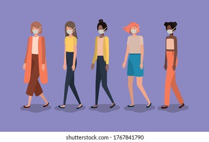 Social distancing between girls with masks design of Covid 19 virus theme Vector illustration