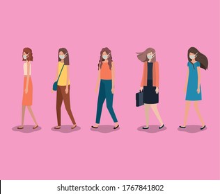 Social distancing between girls with masks design of Covid 19 virus theme Vector illustration