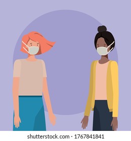 Social distancing between girls with masks design of Covid 19 virus theme Vector illustration