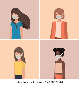 Social distancing between girls with masks design of Covid 19 virus theme Vector illustration