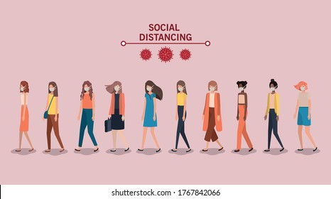 Social distancing between girls with masks design of Covid 19 virus theme Vector illustration