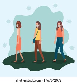 Social distancing between girls with masks design of Covid 19 virus theme Vector illustration