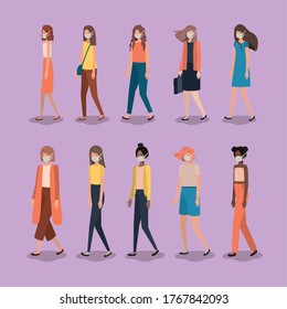 Social distancing between girls with masks design of Covid 19 virus theme Vector illustration