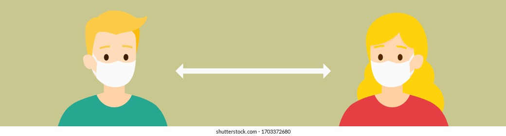 Distancia social entre un hombre guapo y una mujer guapa para protegerlos del COVID-19, vector, ilustración