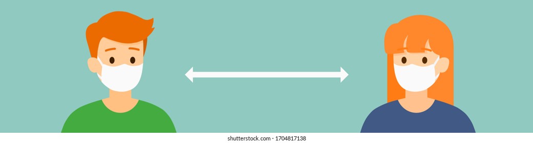 Social distancing between intelligent man and intelligent woman with mask protect them from COVID-19, vector, illustration
