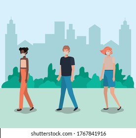 Social distancing between people with masks at park design of Covid 19 virus theme Vector illustration