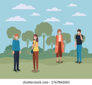 Social distancing between people with masks at park design of Covid 19 virus theme Vector illustration