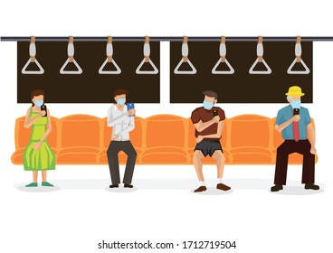 Distanciamiento social entre la gente en el tren. Mantenga una distancia para protegerse del concepto de propagación de brotes de coronavirus. Ilustración vectorial.