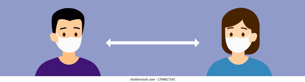 Social distancing between sharp man and sharp woman with mask protect them from COVID-19, vector, illustration