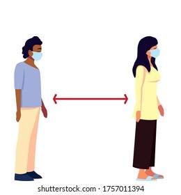 Social distancing between woman and man design of Medical care and covid 19 virus theme Vector illustration