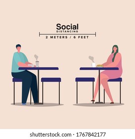 Social distancing between woman and man on tables with coffee mugs design of Covid 19 virus theme Vector illustration