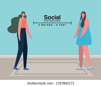 Social distancing between women design of Covid 19 virus theme Vector illustration