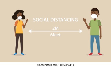 Social distancing black man and woman character wearing medical mask  maintain to prevent from virus 