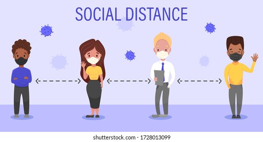 Social distancing,  black and white people, men and women in medical masks keep distance in public society to prevent COVID-19 coronavirus outbreak spreading concept. Vector cartoon flat illustration