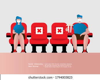 social distancing, boy and girl wearing mask in cinema , virus outbreak spreading concept cartoon vector illustration