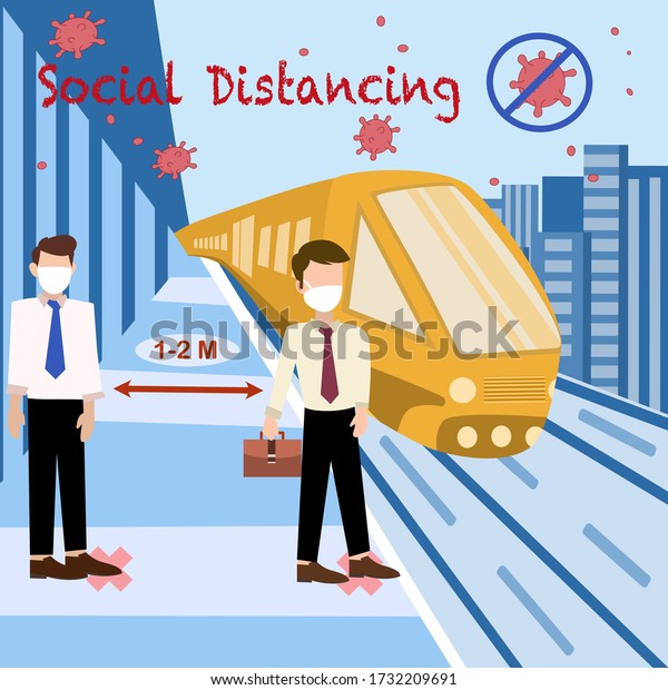 Social\
distancing bts covid-19 virus corona prevent. Take the train vector\
icon cartoon. Train station mask.\
travel