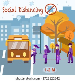 Social distancing bus covid-19 virus corona prevent. Take the bus vector icon cartoon. Bus stop mask.