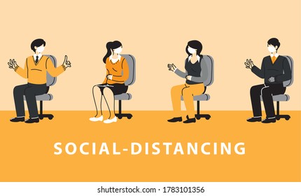 social distancing, business people sitting in chair wear face masks vector illustration design