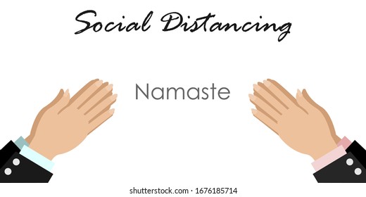 Distancia social. Empresario en Namaste para saludar a la gente, manteniendo la distancia para proteger la propagación de enfermedades del virus COVID-19 corona. Idea de distanciamiento social para prevenir el brote de COVID-19, 