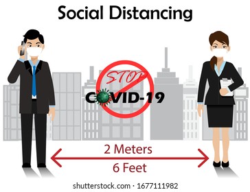 Social Distancing. Businessman and woman wearing surgical face mask keeping distance 2 meters to protect spreading from COVID-19 corona virus. Idea for COVID-19 outbreak, prevention and awareness.