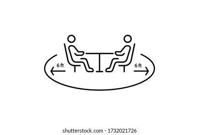 El distanciamiento social en el café. Distancia de 2 m entre las mesas de la cafetería o del restaurante. Mantener una ilustración vectorial de icono de línea delgada segura y sencilla.