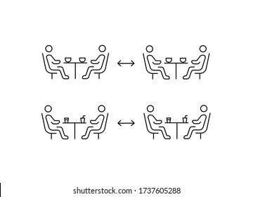 Social Distancing In Cafe. Distance Of  Between The Tables In Cafe Or Restaurant. Two People Sitting At A Table. Keep A Safe COVID-19 Simple Thin Line Icon Vector Illustration