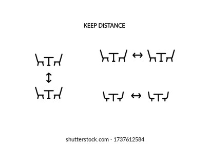 Social distancing in cafe. Distance of between the tables in cafe or restaurant. Keep a safe simple line icon vector illustration