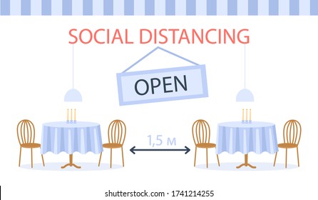 Social distancing in cafe. Distance between the tables in cafe and restaurant. Flat vector illustration.