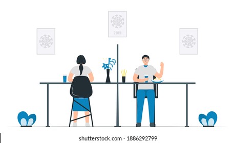 Social distancing in canteen. Plastic divider screen will be put between desks. Protection for coronavirus outbreak. Vector illustration designs in flat style.