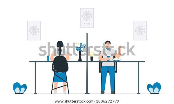 Social distancing in canteen.\
Plastic divider screen will be put between desks. Protection for\
coronavirus outbreak. Vector illustration designs in flat\
style.