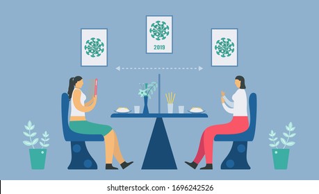 Social distancing in canteen. You have to sit away from people before . eating. Save life from coronavirus outbreak. Vector illustration designs in flat style.