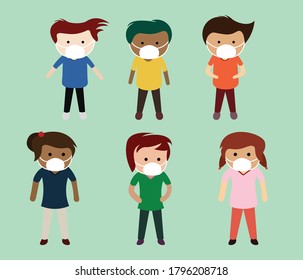 Social distancing of cartoon people using mask.vector illustration