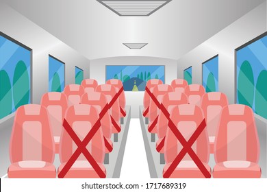 Social distancing chair space inside bus,  for protect pandemic of virus Covid-19, COVID-19 Quarantine. Pandemic Coronavirus Reducing risk of infection, social distancing concept.