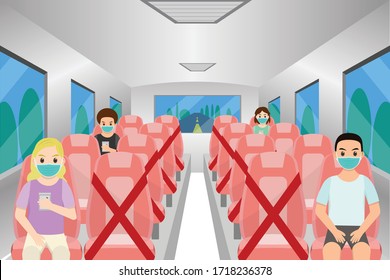 Social distancing chair space inside bus,  for protect pandemic of virus Covid-19, COVID-19 Quarantine. Pandemic Coronavirus Reducing risk of infection, social distancing concept.