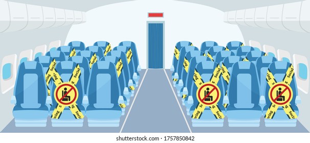 Social distancing chair space inside plane,  for protect pandemic of virus Covid-19, COVID-19 Quarantine. Pandemic Coronavirus Reducing risk of infection, New normal concept.