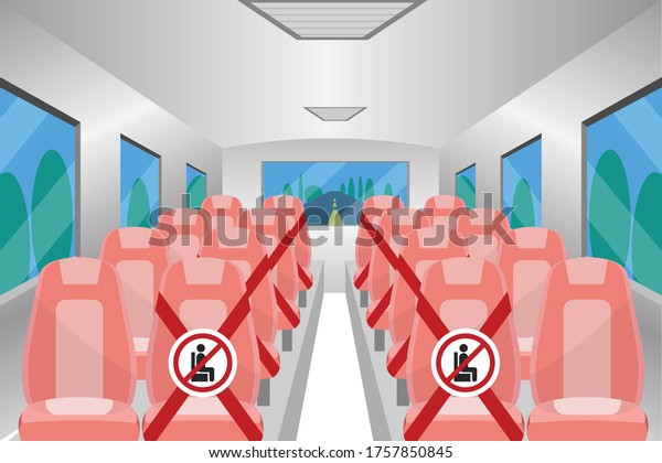 Social distancing chair\
space inside bus,  for protect pandemic of virus Covid-19, COVID-19\
Quarantine. Pandemic Coronavirus Reducing risk of infection, New\
normal concept.