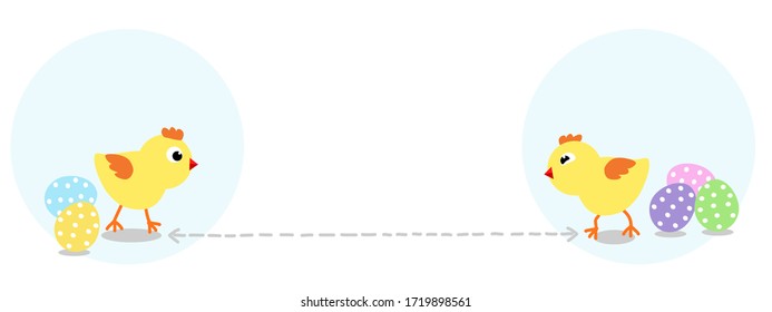 Social distancing, chicks with decorative eggs on light blue circle in background 