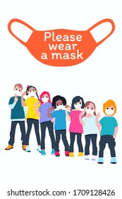 Social Distancing, Child group keeping distance for infection risk and disease, wearing a surgical protective Medical mask for prevent virus Covid-19. Health care concept.


