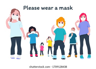 Social Distancing, Child group keeping distance for infection risk and disease, wearing a surgical protective Medical mask for prevent virus Covid-19. Health care concept.


