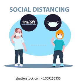 Social Distancing, Child group keeping distance for infection risk and disease, wearing a surgical protective Medical mask for prevent virus Covid-19. Health care concept.