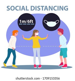 Social Distancing, Child group keeping distance for infection risk and disease, wearing a surgical protective Medical mask for prevent virus Covid-19. Health care concept.