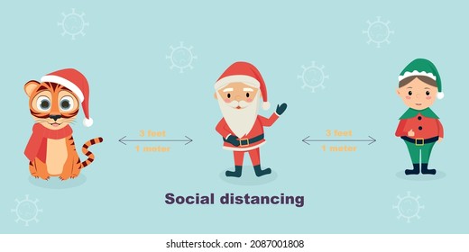 Social distancing in Christmas design. Santa Claus, Tiger and Elf.