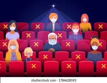 Social distancing in the cinema after the quarantine period.  Spectators wearing face masks sit as they keep a safe distance and watching movie in cinema hall. Vector illustration svg