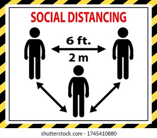 Social Distancing Circle Yellow Color Sign. Please Keep A Safe Distance Of 6 Feet 2 Meter 6 Ft. 2 M Sticker Icon For Public Place, Shopping Center, Market, University, School, Shop. Vector Image.