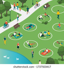 Social Distancing Circles In The City Park And People Relaxing Safely Outdoors, Coronavirus Covid-19 Prevention