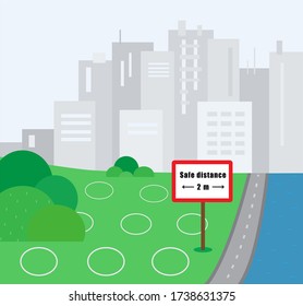 Social distancing circles. Safe distance in the urban Park is 2 meters. City landscape. Stock vector illustration, flat style.